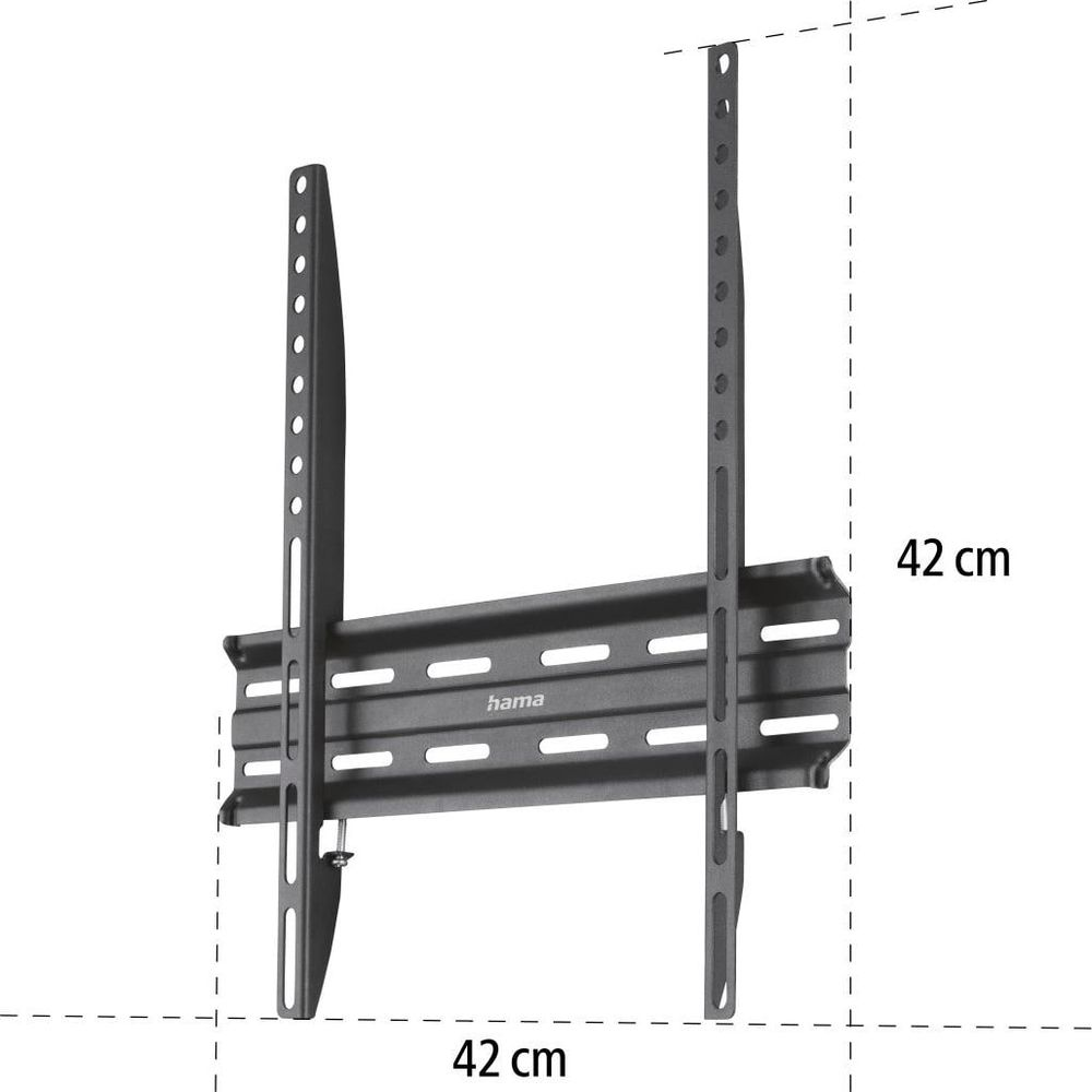 Soporte de pared negro para TV con dimensiones de 42 por 42 cm sobre fondo blanco.