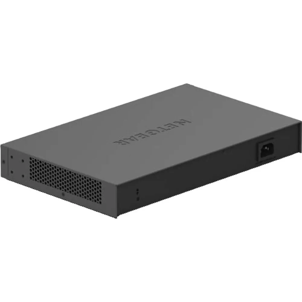 Ein grauer Netgear-Netzwerk-Switch auf einem weißen Hintergrund mit Lüftungsgitter und Netzkabelanschluss.
