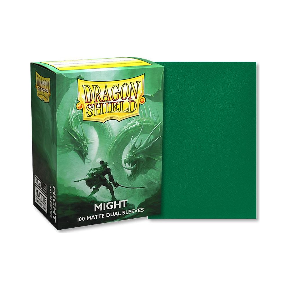 Grüne Dragon Shield Kartenhüllen-Box mit Drachenillustration und einer einzelnen grünen Hülle daneben.