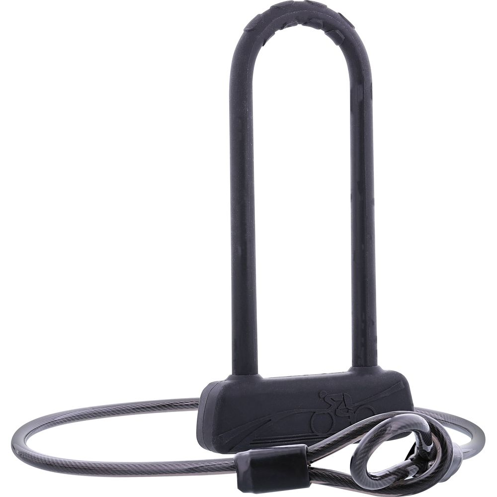 Un antivol de vélo noir en forme de U avec un câble de sécurité spiralé sur fond blanc.