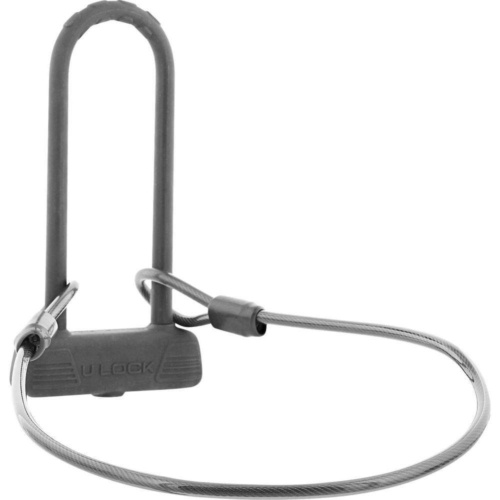Un antivol en U gris avec un câble de sécurité attaché sur fond clair.