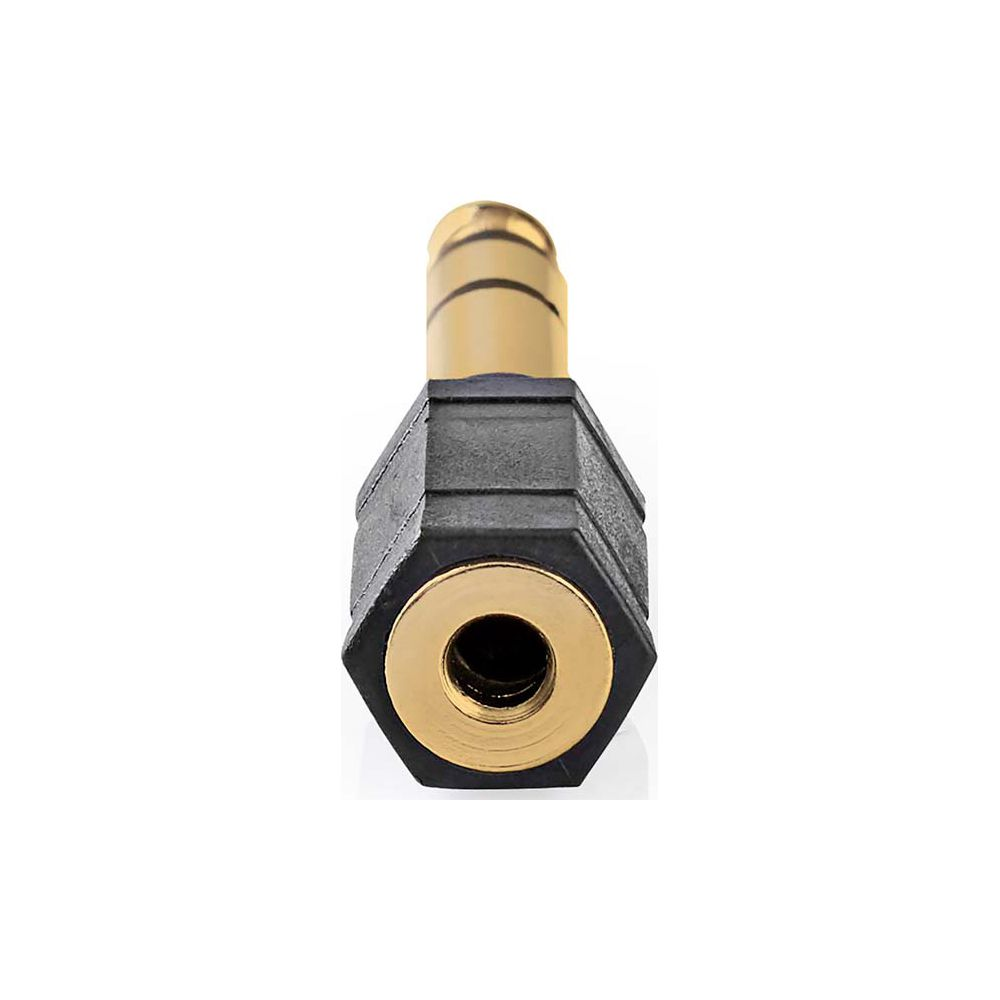 Un adaptador de audio negro y dorado con un conector jack y una hembra, visto desde el frente.