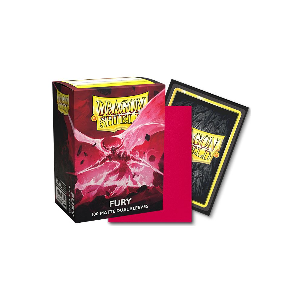 Dragon Shield Fury Matte Dual Kartenhüllen Box mit roter Vorderseite und schwarzer Kartenhülle.