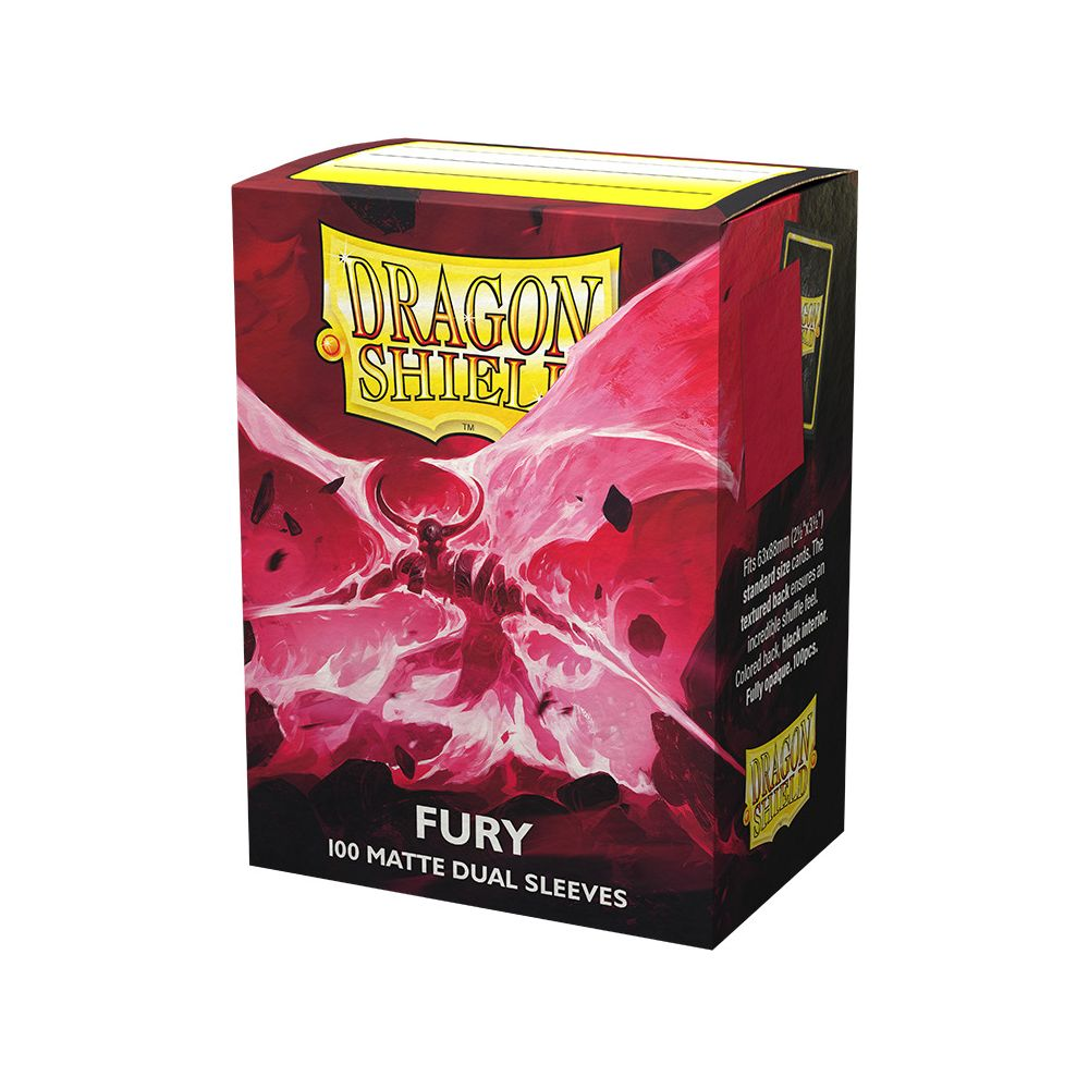Eine rote Box von Dragon Shield Fury mit 100 matten Doppelhülsen und der Illustration einer gehörnten Kreatur.