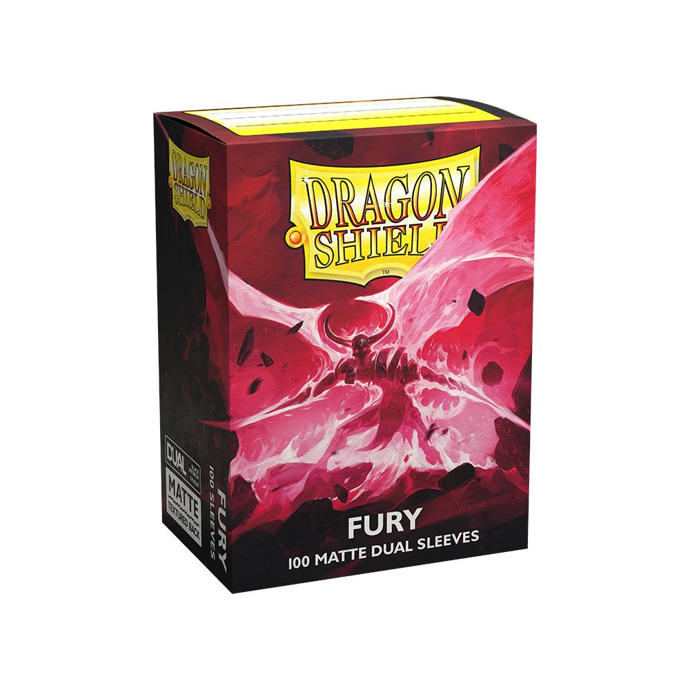 Eine rote Box von Dragon Shield 'Fury' mit 100 matten Dual-Kartenhüllen und einer Illustration eines Dämons.