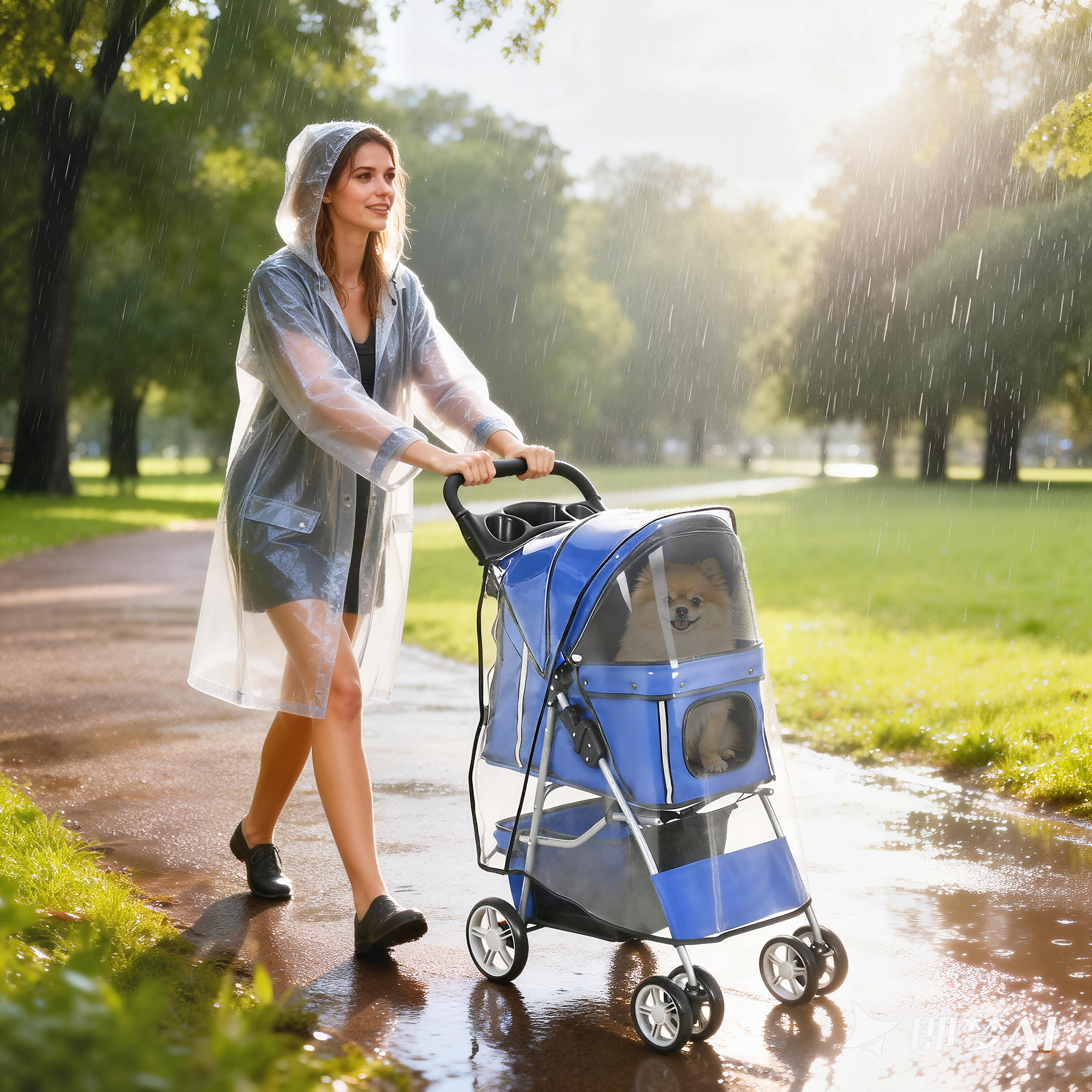 Donna con impermeabile trasparente spinge un passeggino blu per animali con un cane in un parco.