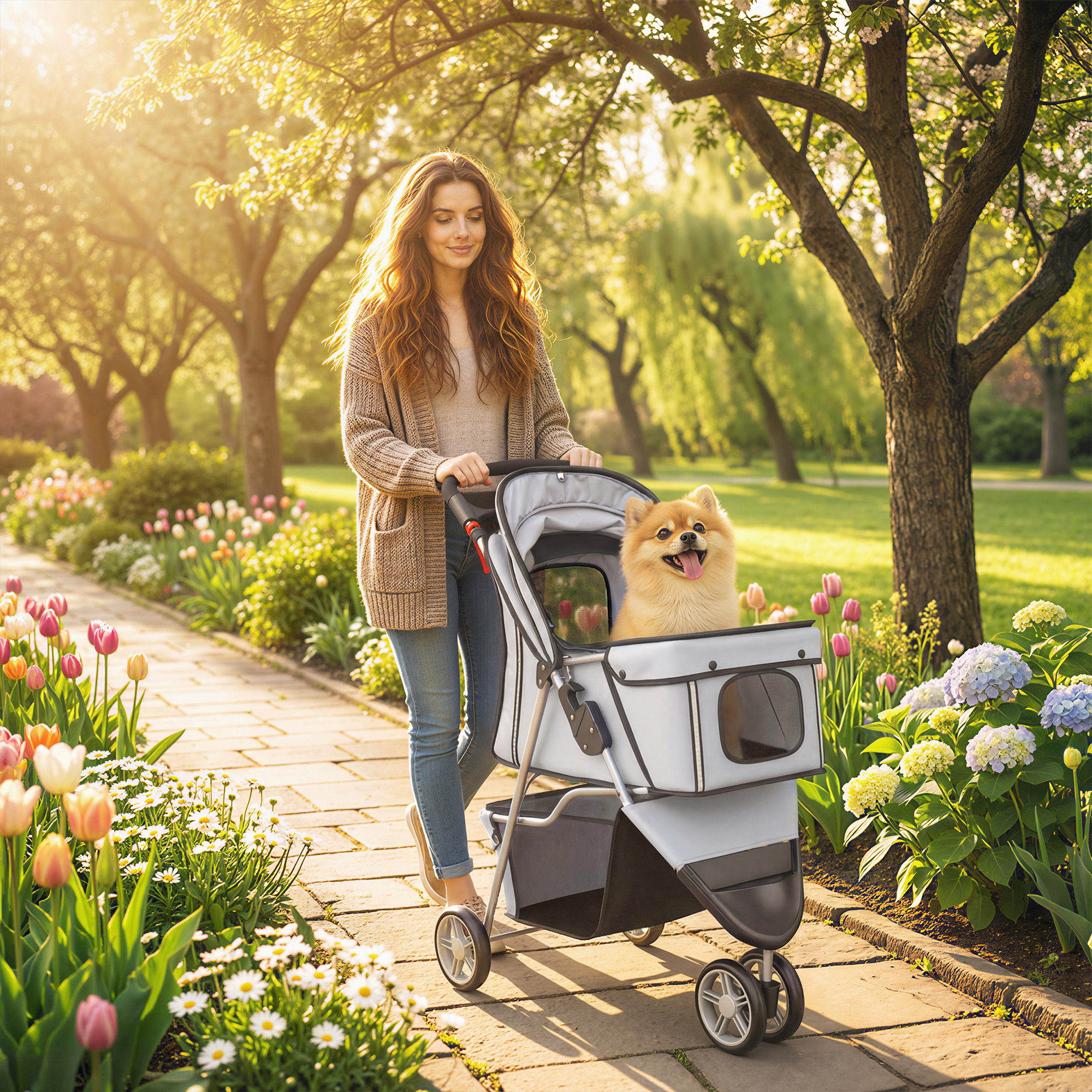 Una donna sorridente spinge un passeggino con un volpino di Pomerania su un sentiero soleggiato.
