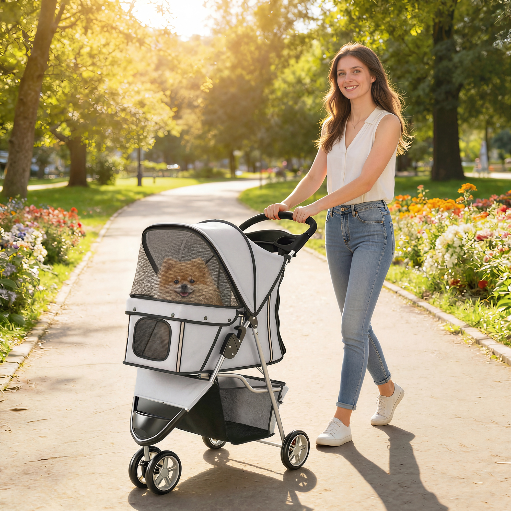 Una donna in jeans e top bianco spinge un passeggino per animali con un cane pomerania in un parco.