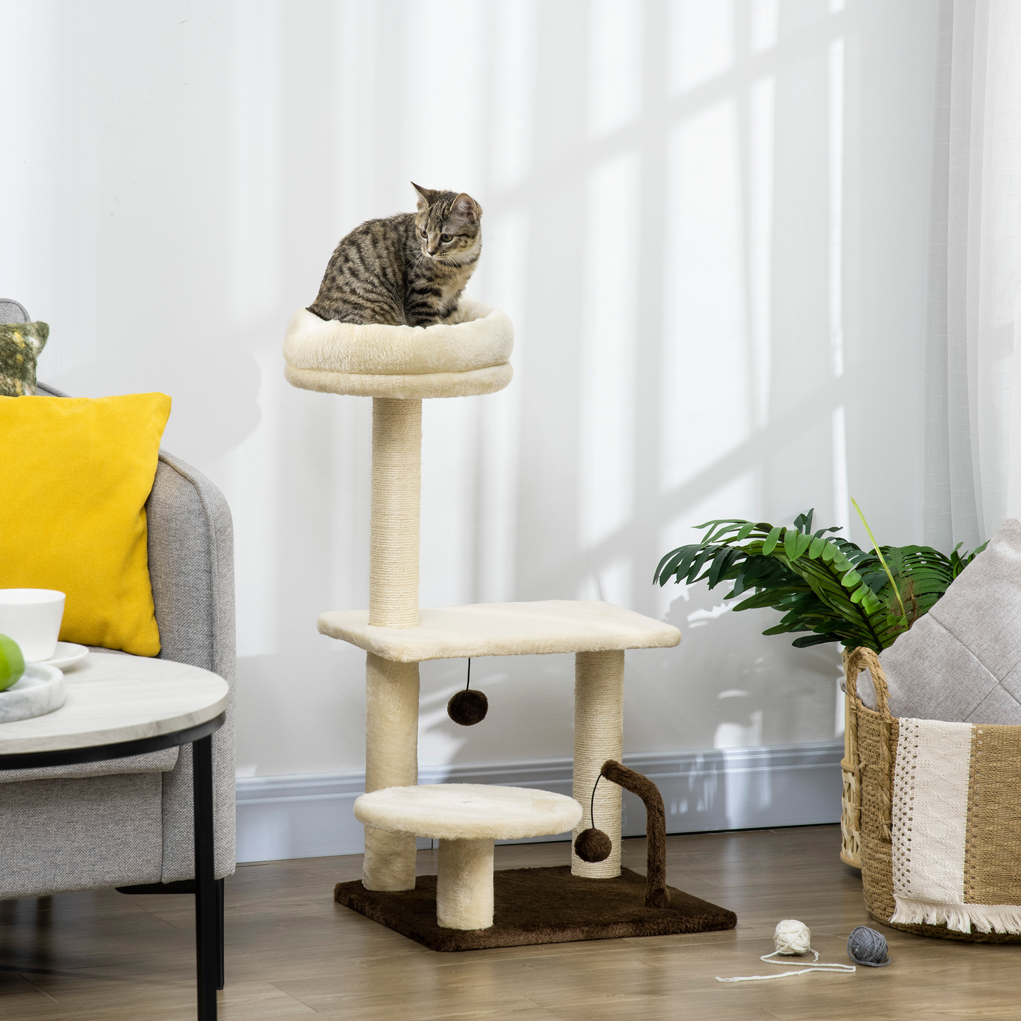 Un gatto tabby siede su un tiragraffi beige in una stanza luminosa con un divano e delle piante.