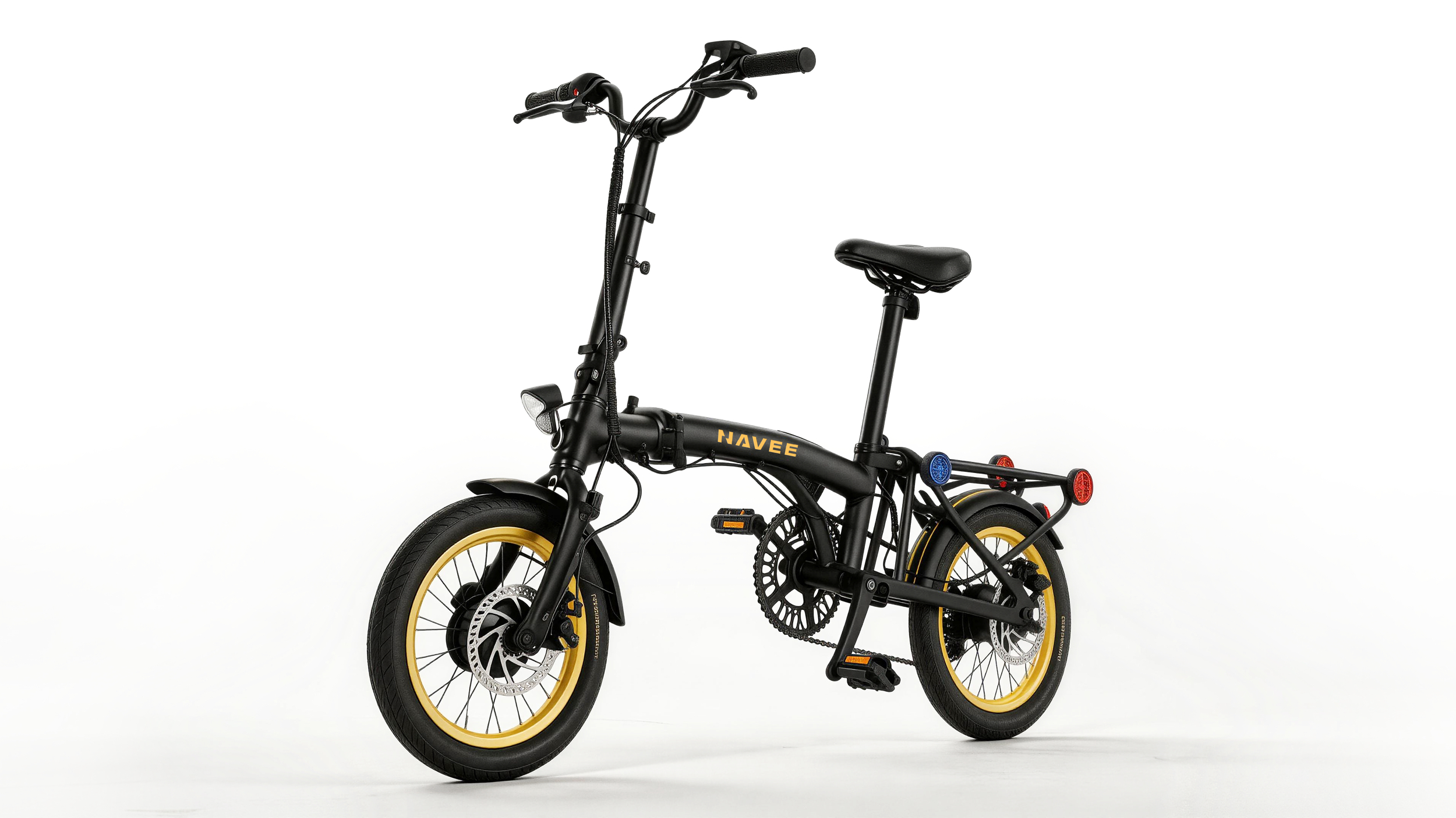 Una bicicletta pieghevole nera con cerchi gialli e il marchio NAVEE su sfondo bianco.