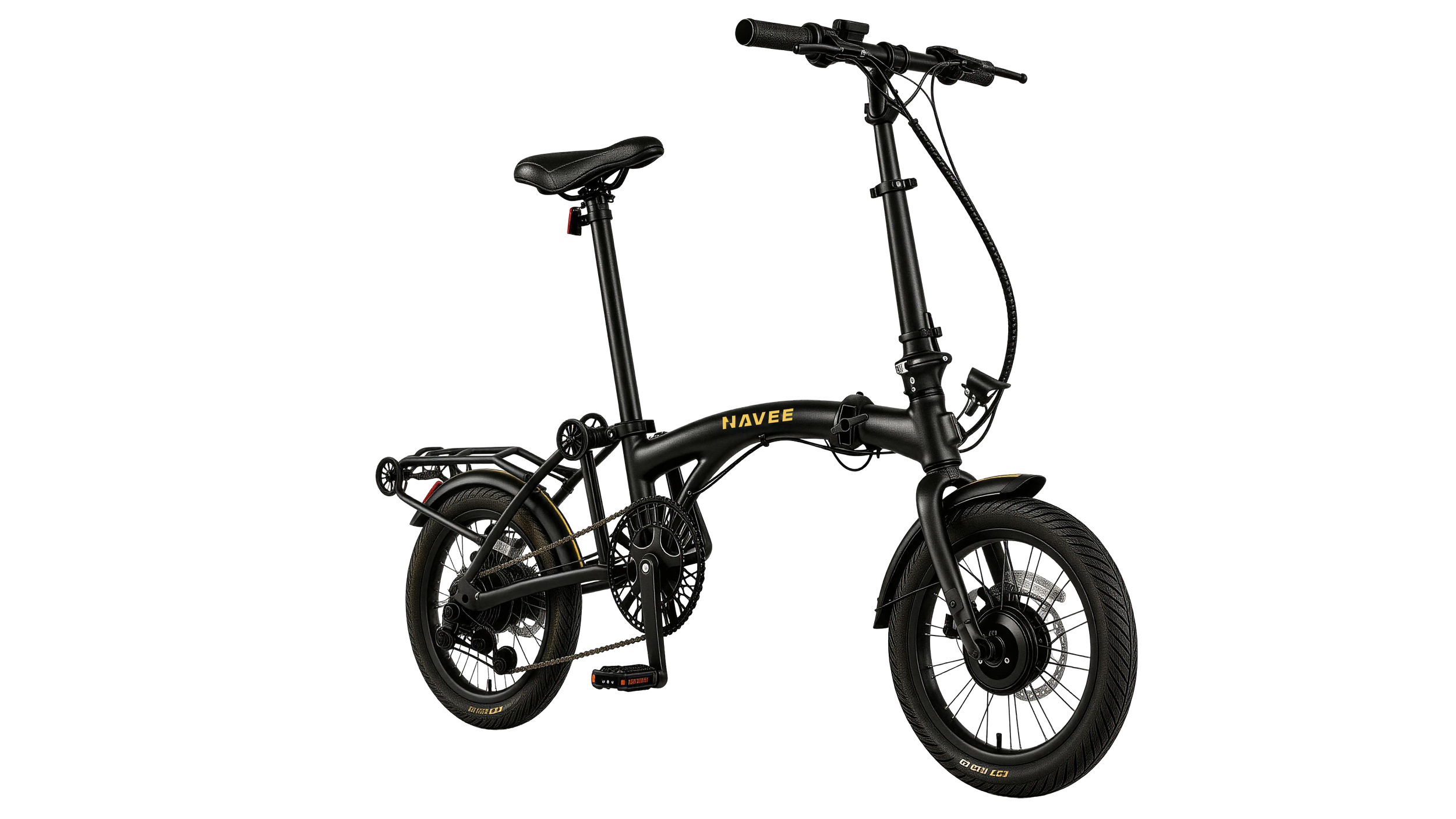 Una bicicletta pieghevole nera con dettagli gialli su sfondo bianco.