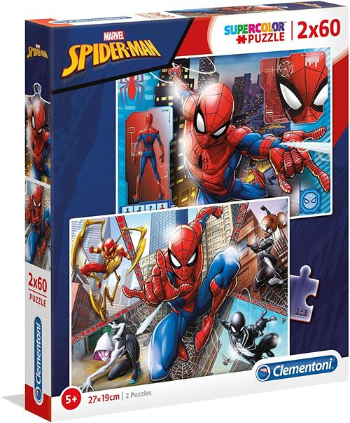 A Marvel Spider-Man puzzle box featuring colorful illustrations of the superhero in a city.