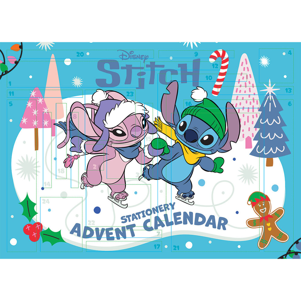 Stitch y Angel patinan sobre hielo en una portada azul de calendario de adviento de Disney Stitch con árboles y galleta.