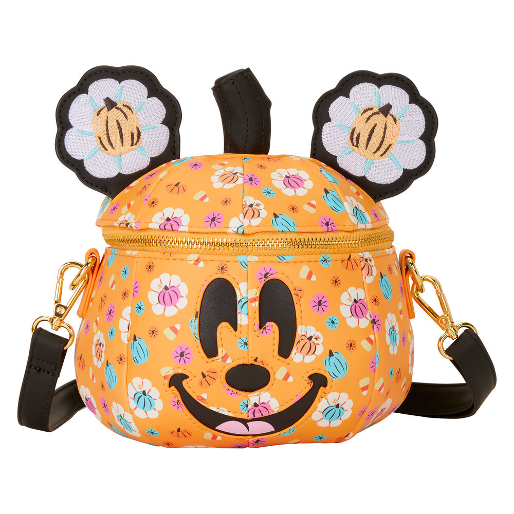 Un bolso cruzado de calabaza de Mickey Mouse naranja con patrones de flores y calabazas, orejas de flores y tallo.