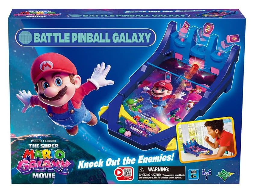 Super Mario Battle Pinball Galaxy Brettspielpackung mit Mario, einem blauen Flipper und einem spielenden Kind.
