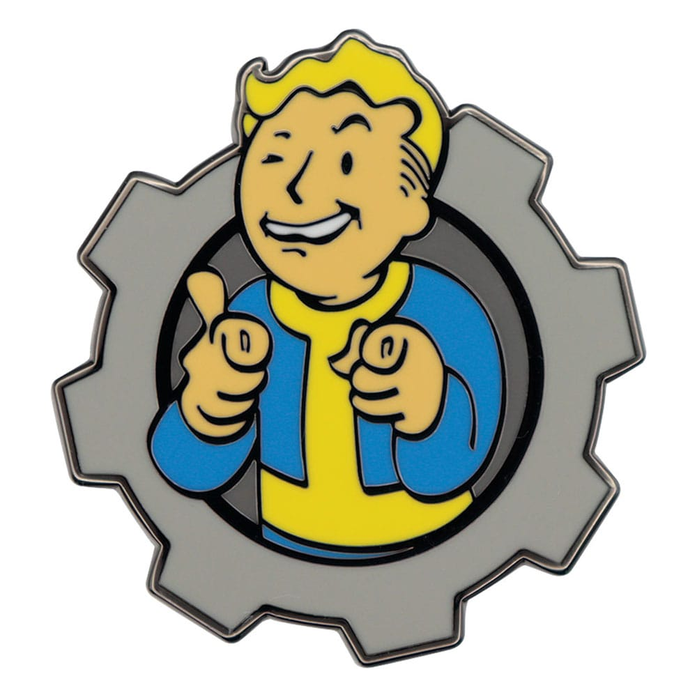 Vault Boy pin mit Daumen hoch im grauen Zahnrad.