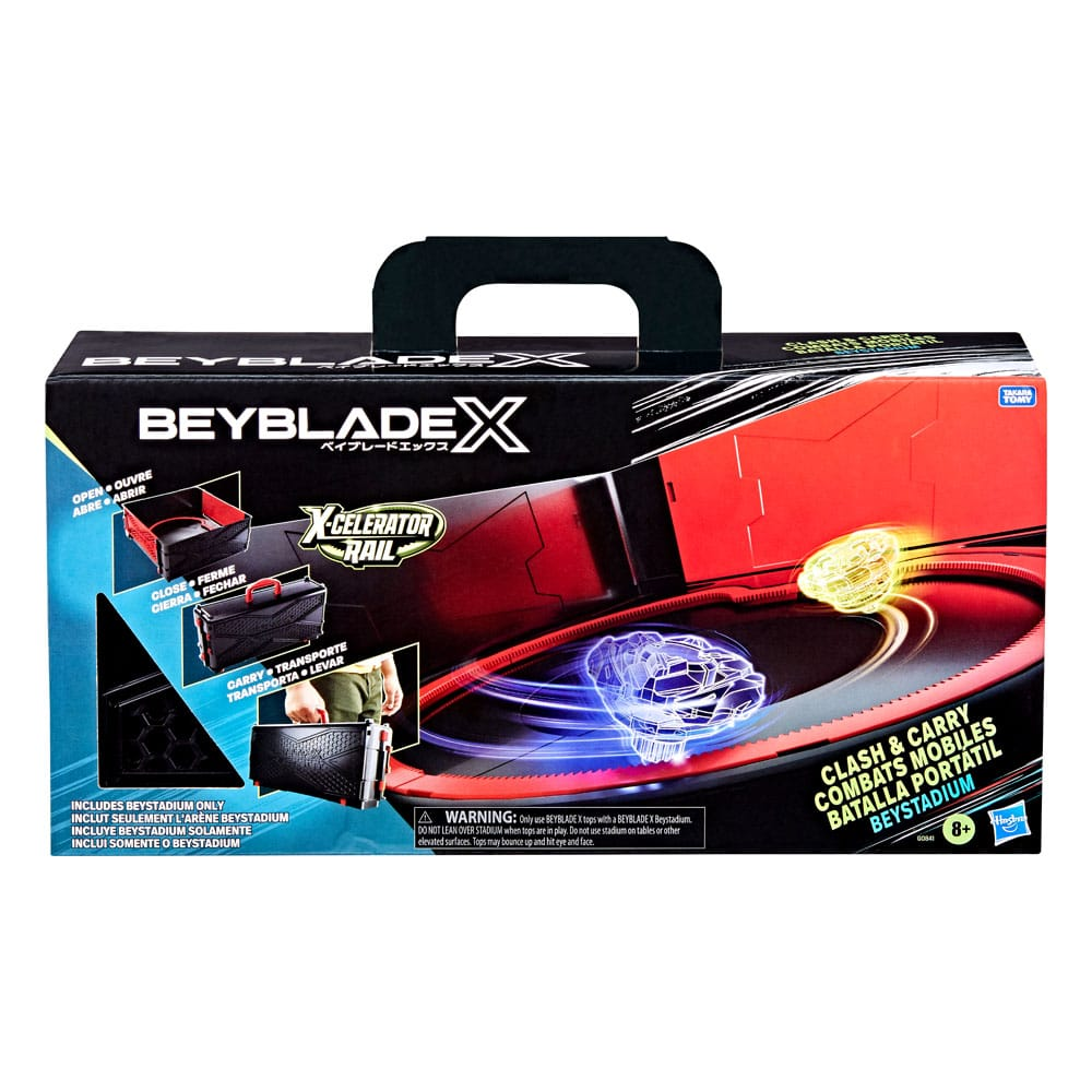 Beybleadex Clash & Carry Beystadium Box mit Griff und Action-Grafiken.