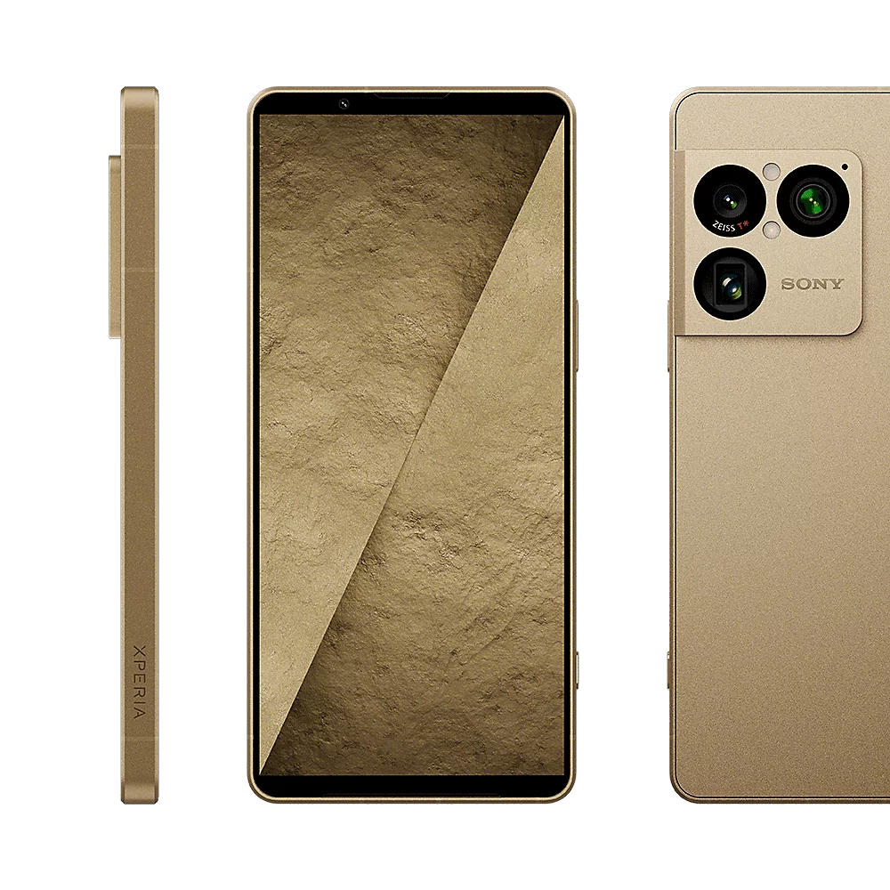 Drei Ansichten eines goldenen Sony Xperia Smartphones auf schwarzem Hintergrund mit Kamera und Textur.