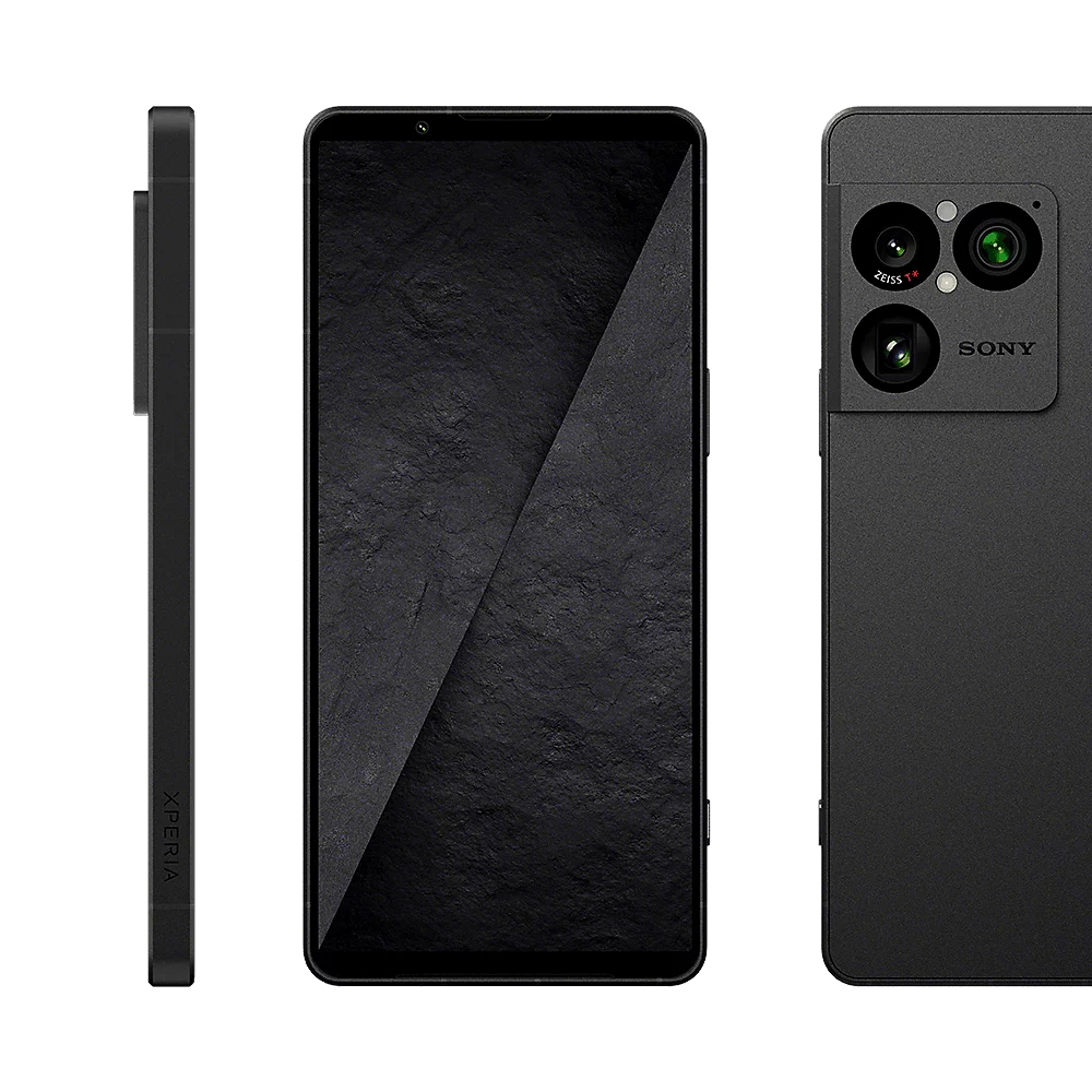 Drei Ansichten eines schwarzen Sony Xperia Smartphones: Seite, Vorderseite und Rückseite mit Triple-Kamera.