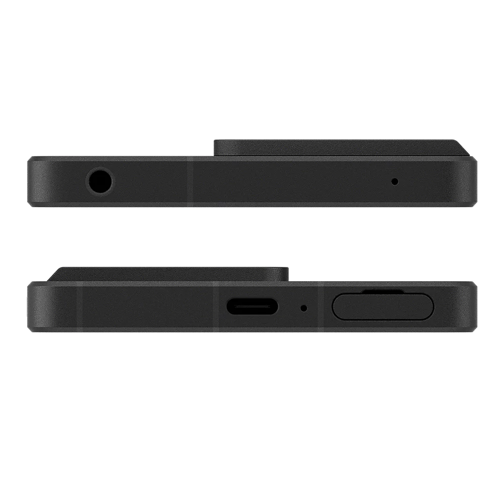 Seitenansichten eines schwarzen Smartphones mit Anschlüssen, Mikrofon und Karteneinschub vor schwarzem Hintergrund.