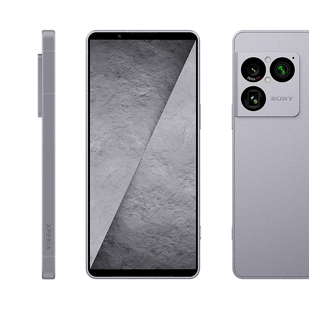 Drei Ansichten eines silbernen Sony Xperia Smartphones mit Dreifachkamera vor schwarzem Hintergrund.