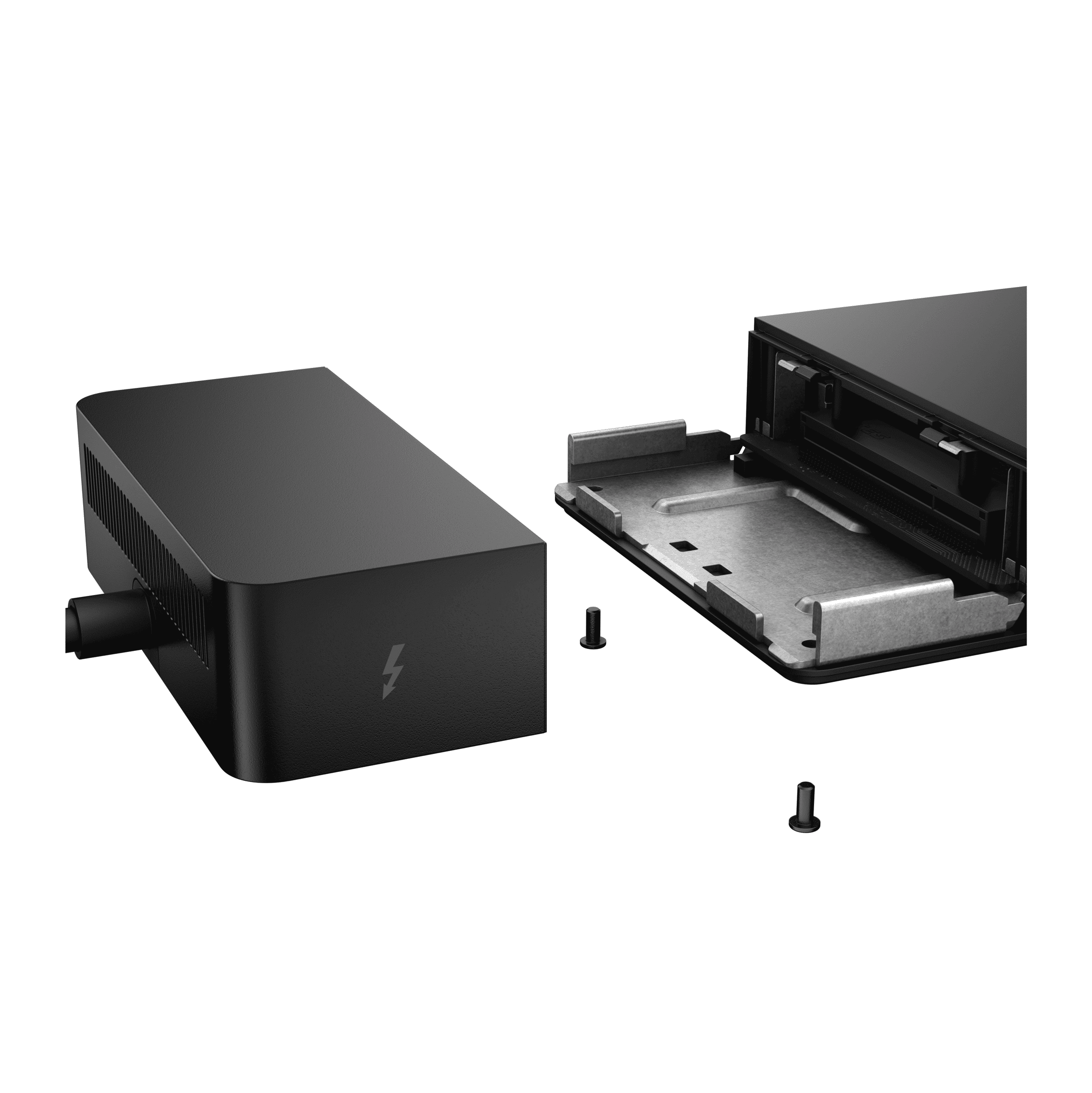 Ein schwarzes elektronisches Gerät, zwei Schrauben und ein offenes Gehäuseteil auf weißem Hintergrund.