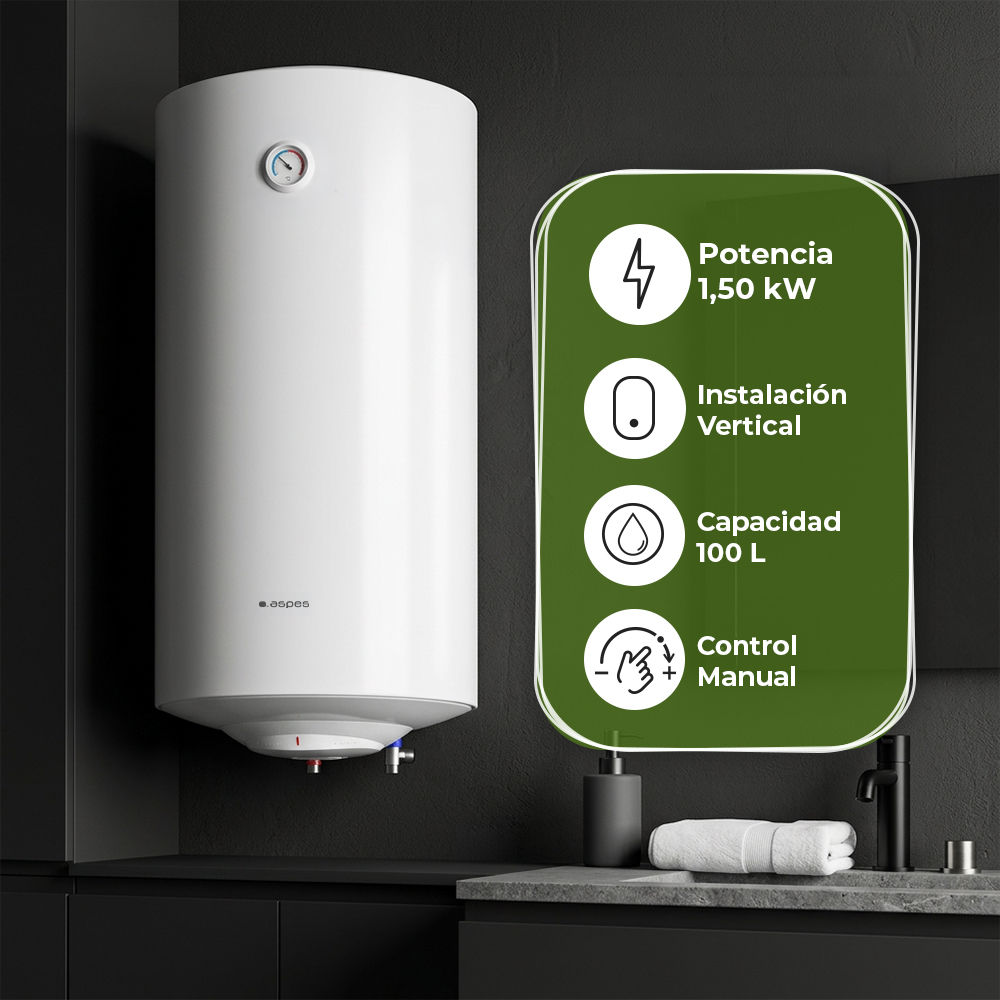 Termo eléctrico blanco en pared oscura con cuadro informativo sobre potencia, instalación, capacidad y control.
