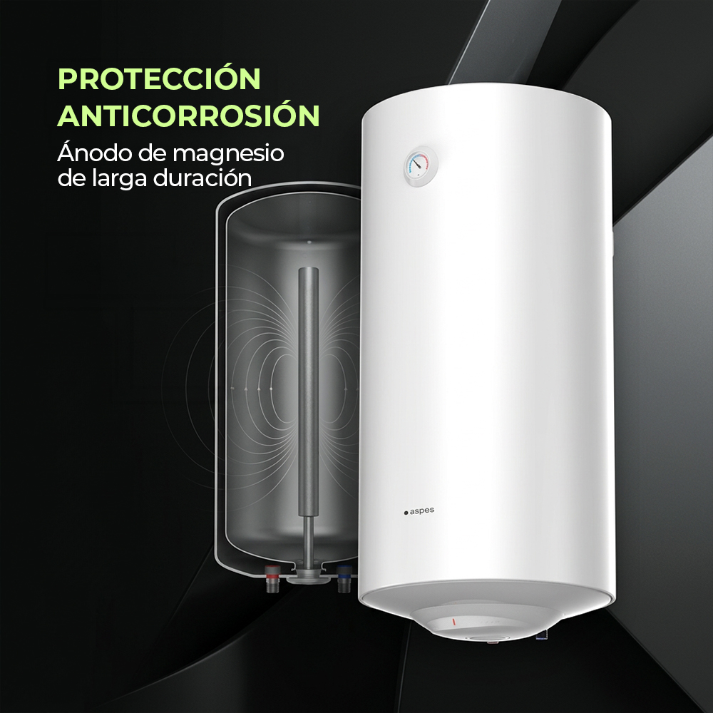 Termo eléctrico blanco con sección de corte y ánodo de magnesio sobre fondo negro.