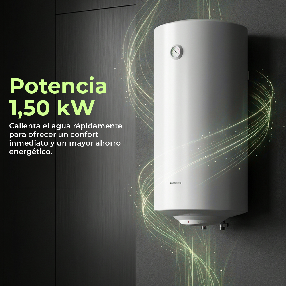 Un calentador de agua blanco en una pared oscura con efectos verdes de eficiencia energética y texto en español.