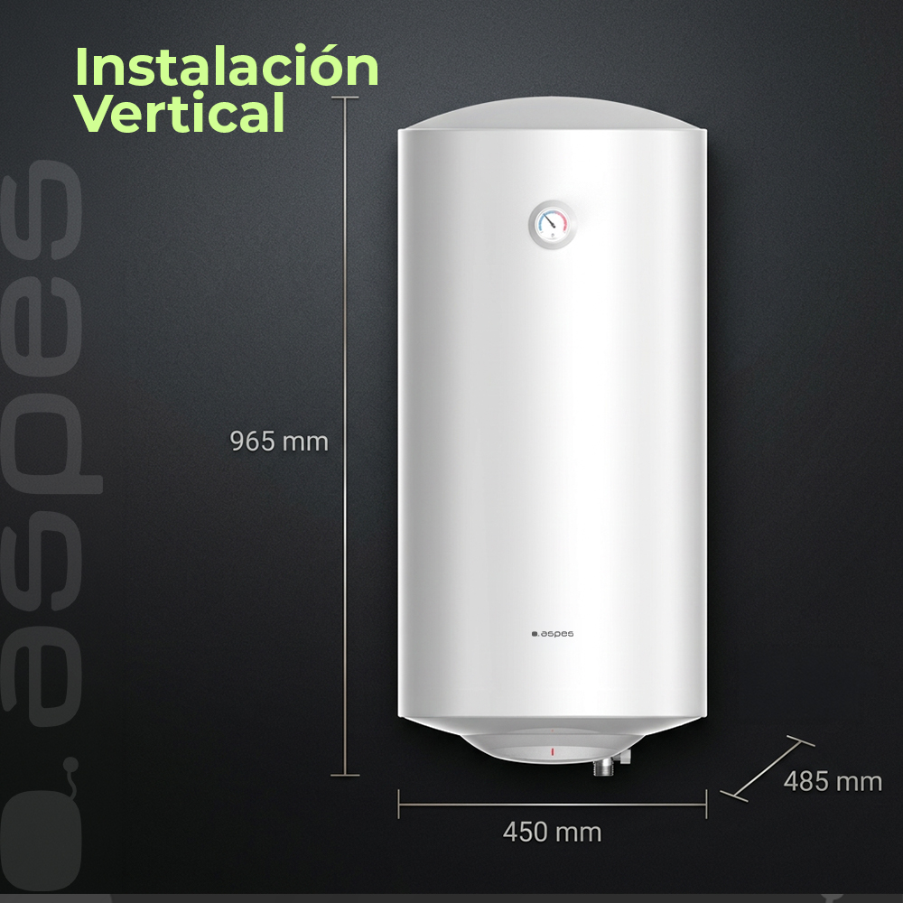 Calentador de agua eléctrico blanco con dimensiones de instalación vertical sobre fondo oscuro.