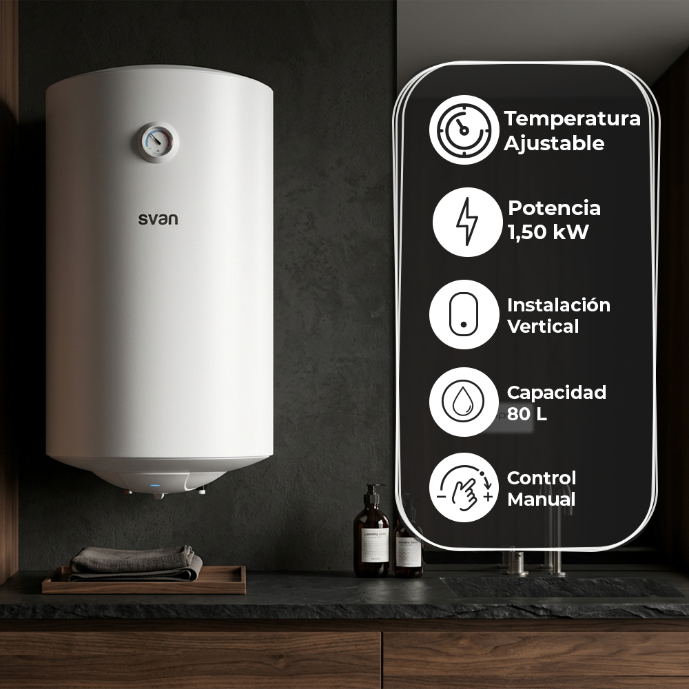 Calentador de agua Svan blanco en pared oscura con iconos que muestran funciones como temperatura y capacidad.