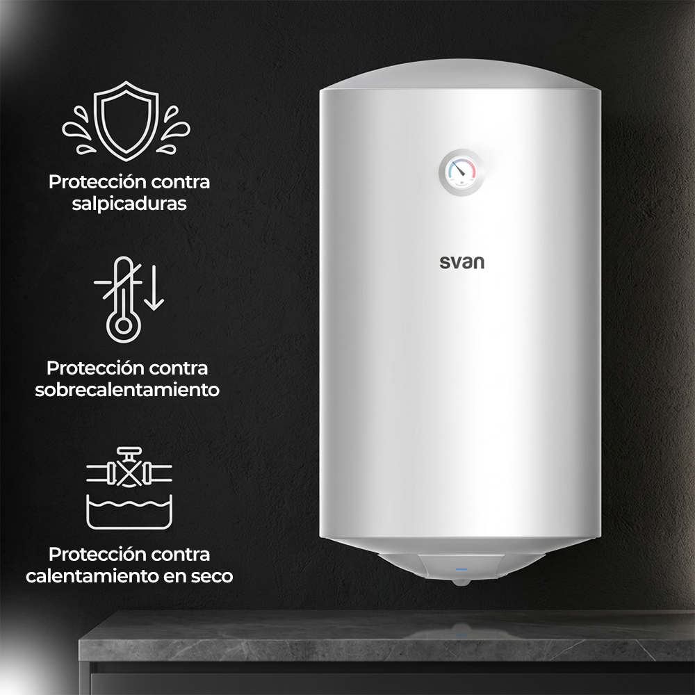 Termo eléctrico Svan blanco en pared oscura con tres iconos de características a la izquierda.