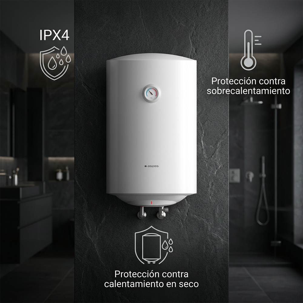 Un calentador de agua blanco montado en una pared de piedra oscura en un baño, con iconos de seguridad.