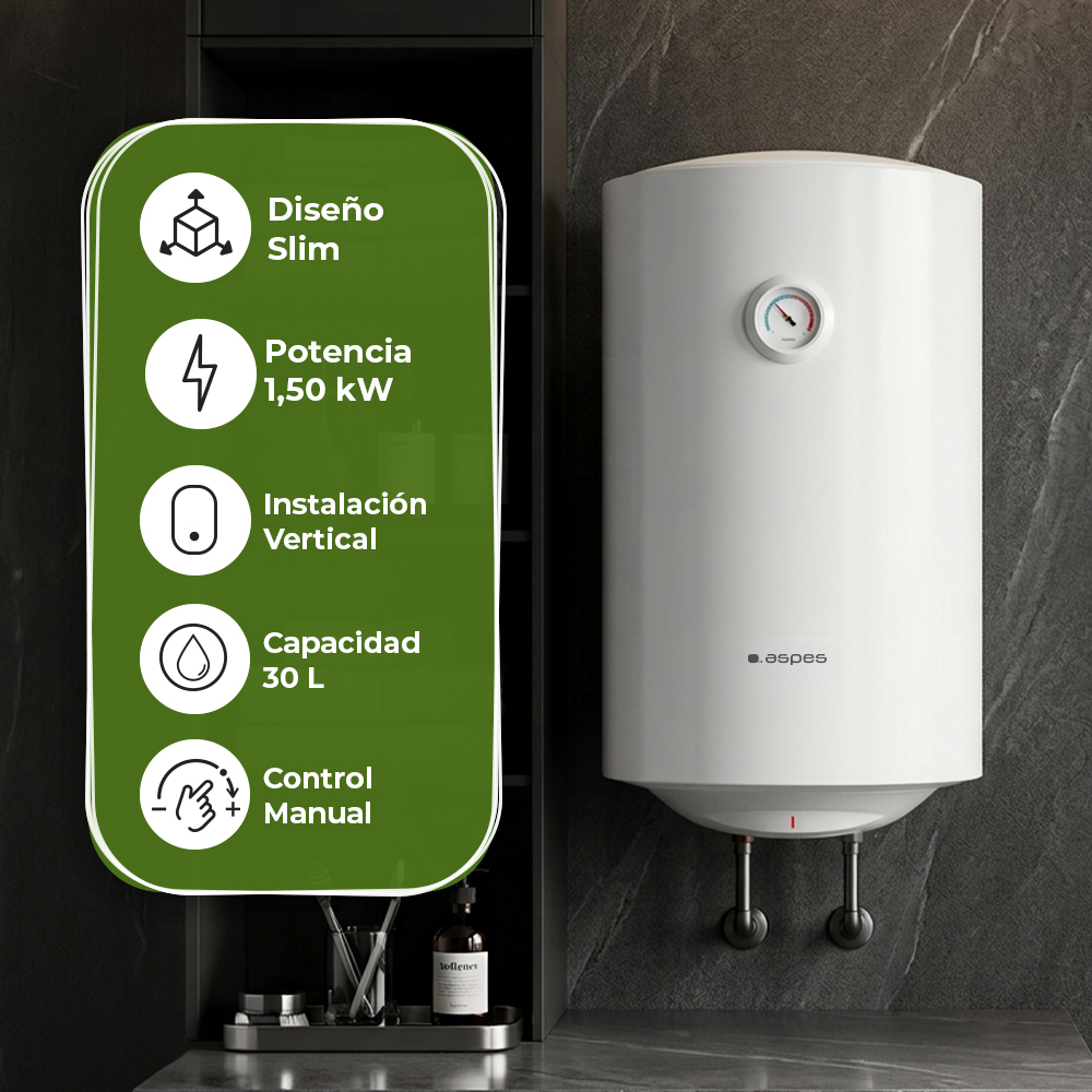 Termo eléctrico blanco con características como diseño slim, 1.50 kW y 30 L de capacidad.