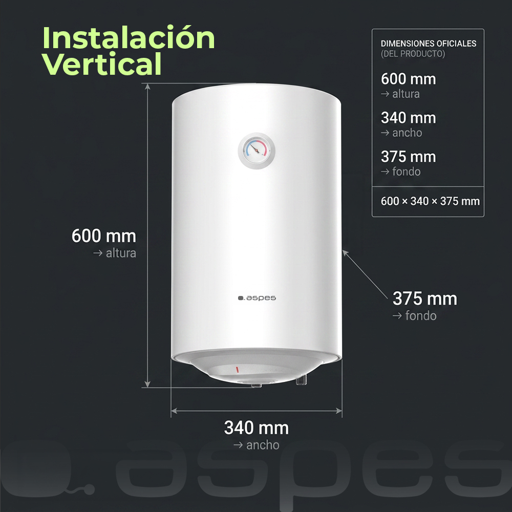 Diagrama de un calentador de agua vertical con dimensiones en milímetros sobre fondo oscuro.