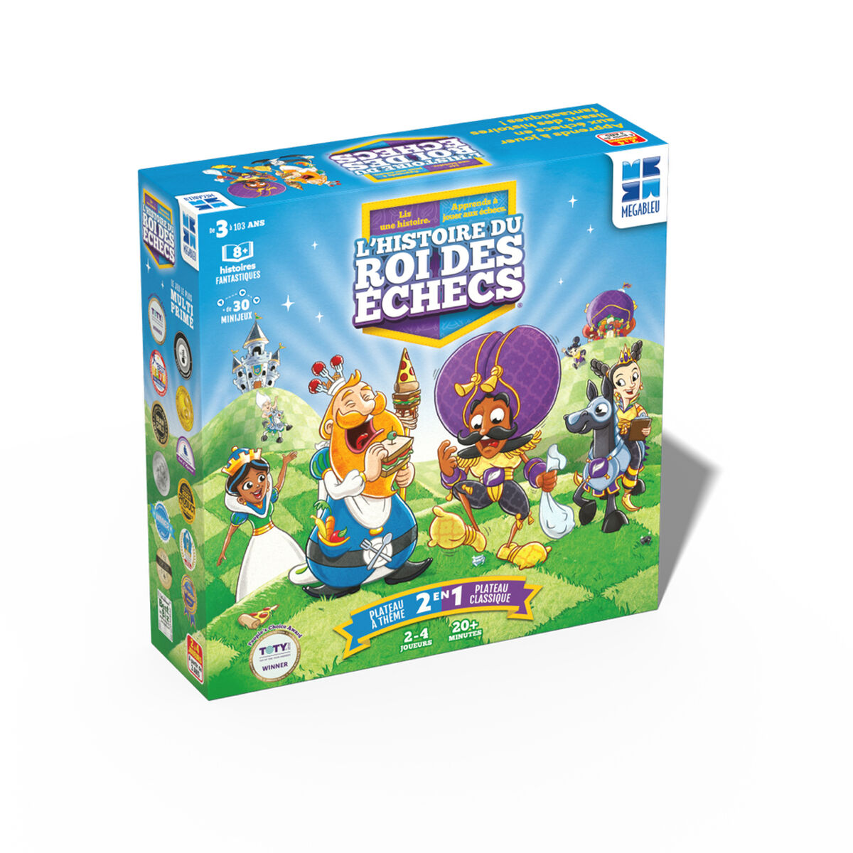 Scatola di gioco da tavolo blu con personaggi reali dei cartoni animati su un prato verde.
