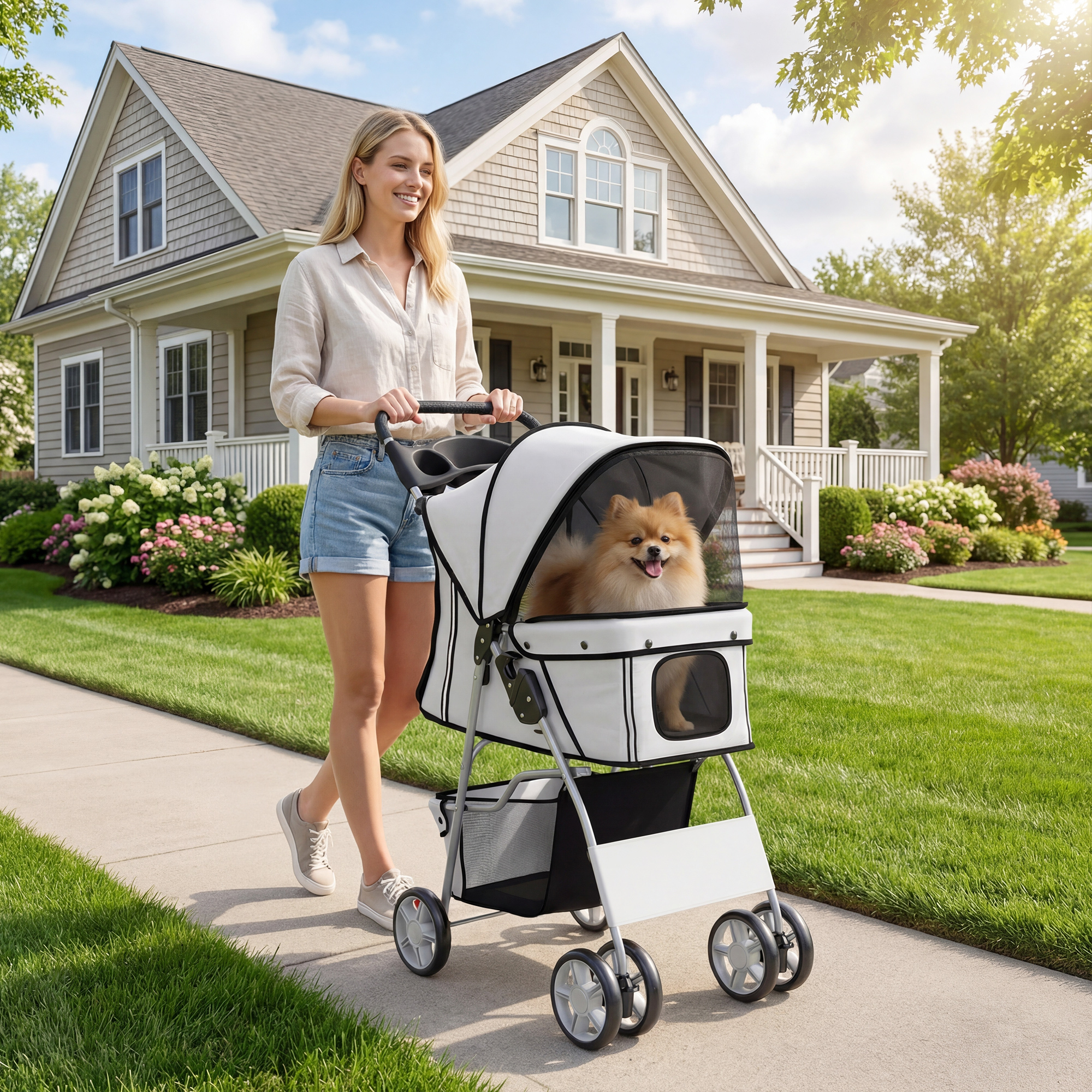 Una donna bionda sorridente spinge un passeggino per animali con un cane Pomerania su un marciapiede.
