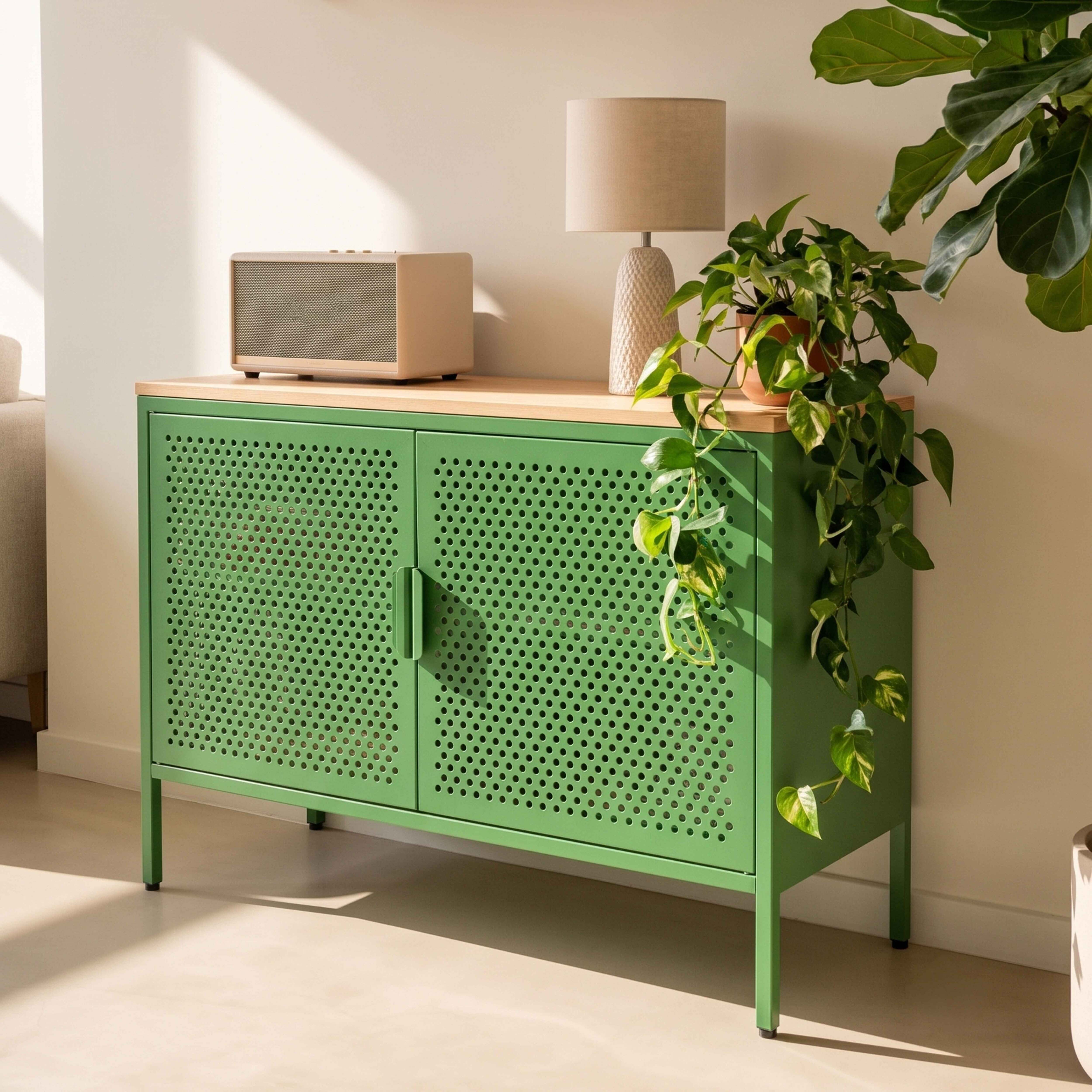 Grüner Metallschrank mit Holztop, Lampe, Radio und hängenden Pflanzen.