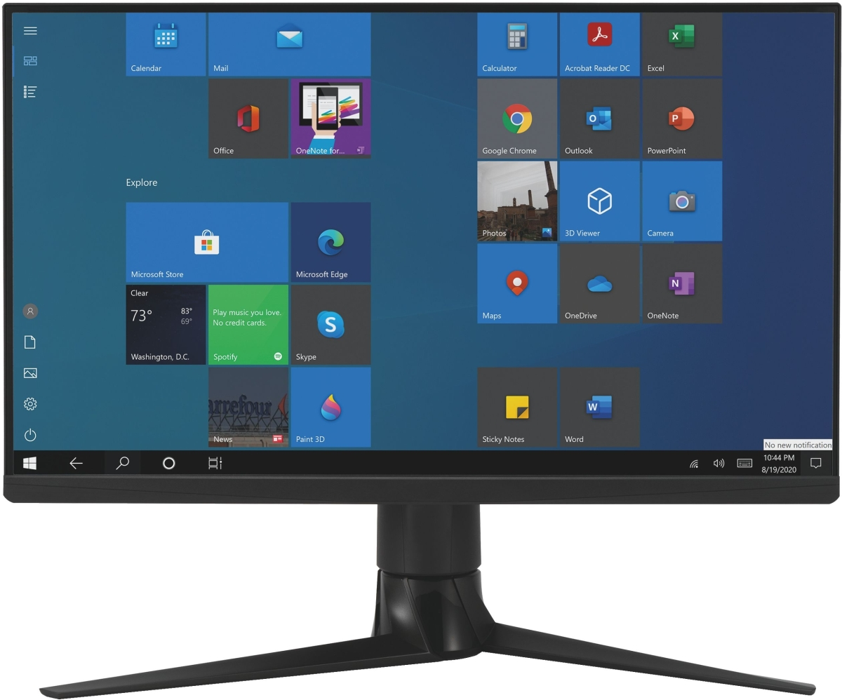 Ein Computerbildschirm zeigt das Windows 10 Startmenü mit blauen App-Kacheln.