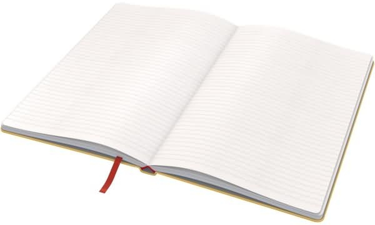 Ein offenes Notizbuch mit linierten Seiten und einem roten Lesezeichen auf weißem Hintergrund.