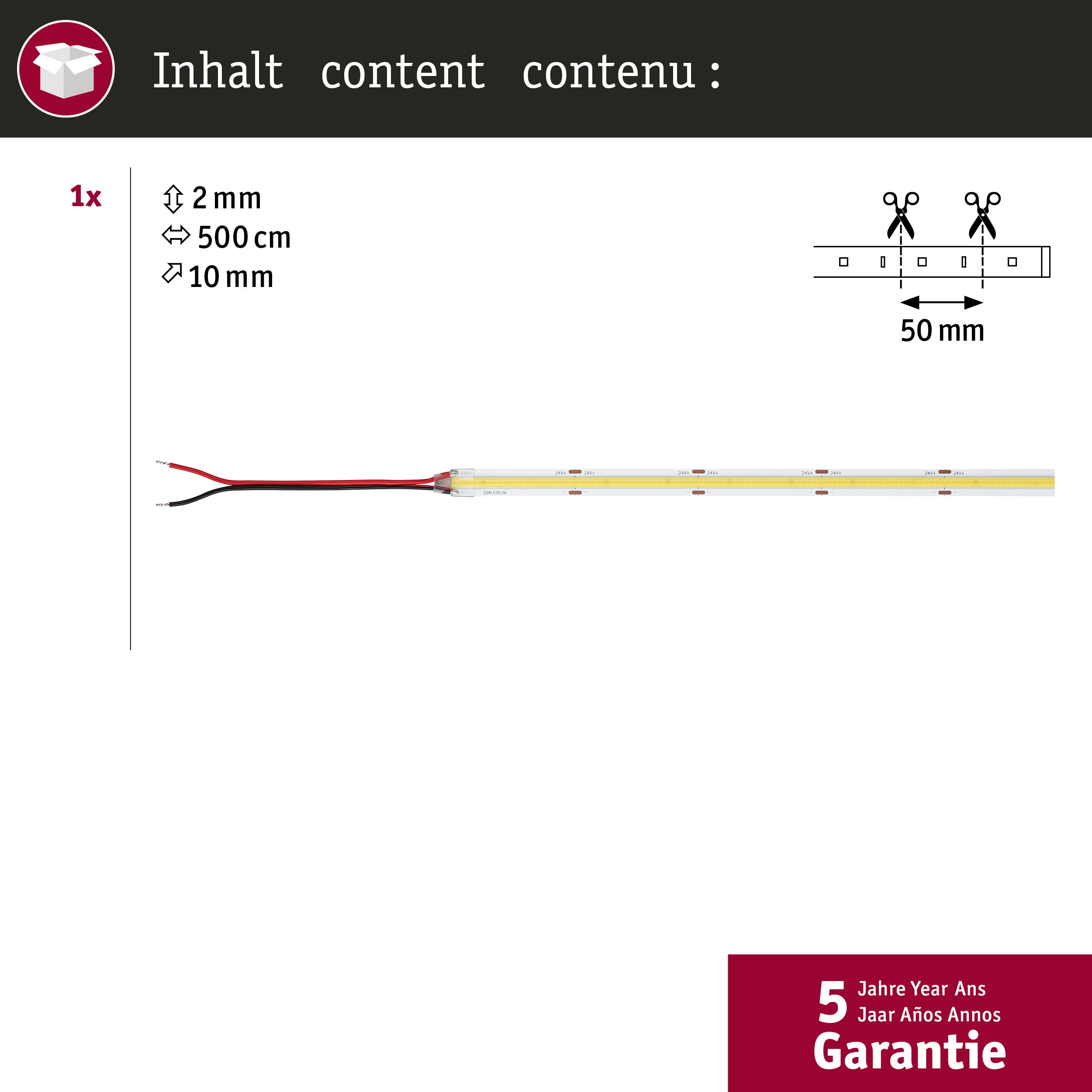 LED-Streifen 500 cm lang, 10 mm breit, 2 mm dick, alle 50 mm schneidbar, mit 5 Jahren Garantie.