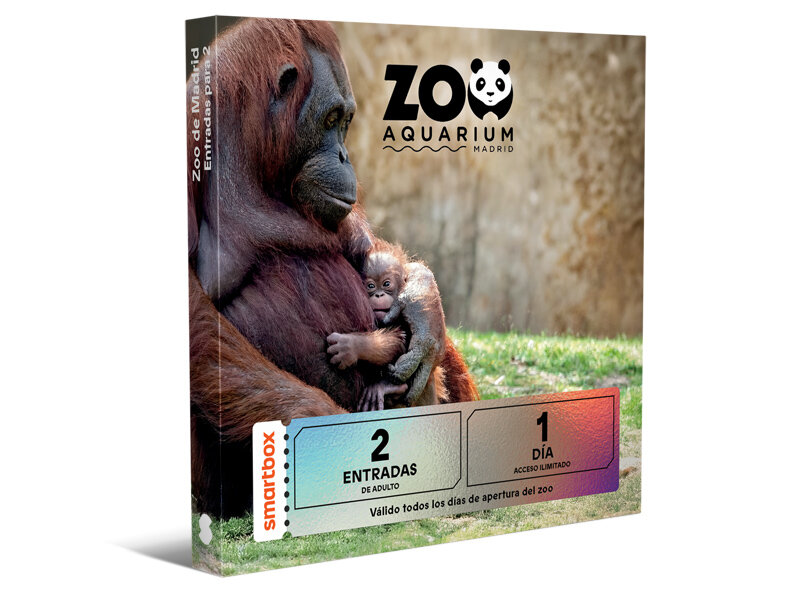 Caja Smartbox para el Zoo Aquarium Madrid con un orangután y su cría, y detalles de las entradas.