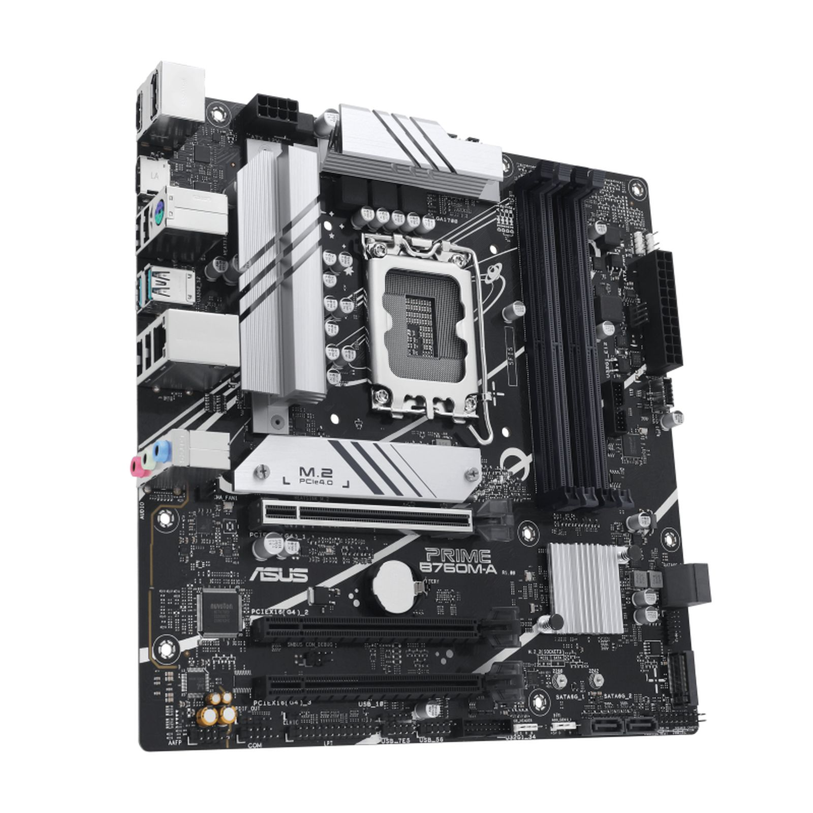 Una scheda madre nera Asus Prime B760M-A con dissipatori argentati su sfondo bianco.