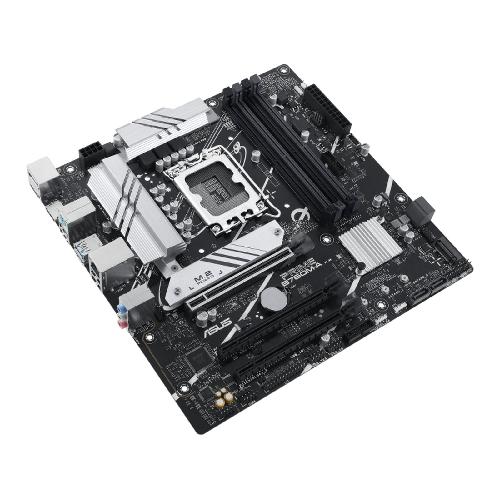 Una scheda madre per computer nera con dissipatori argentati, socket CPU e slot RAM su sfondo bianco.