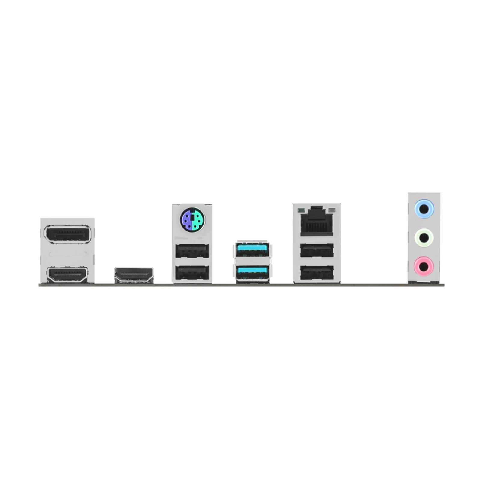 Pannello posteriore di una scheda madre con varie porte come USB, HDMI, Ethernet e jack audio.