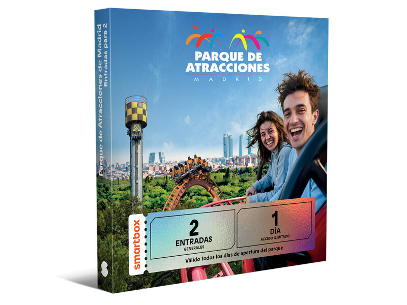 Caja Smartbox para el Parque de Atracciones de Madrid con personas sonrientes en una montaña rusa.