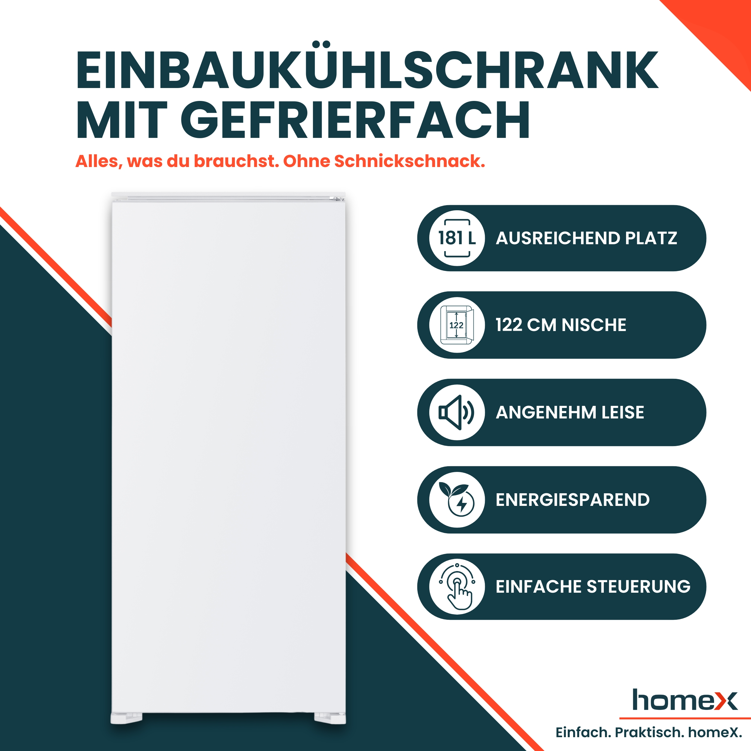 Werbebild für einen weißen Einbaukühlschrank mit Gefrierfach und Icons für Produktdetails.
