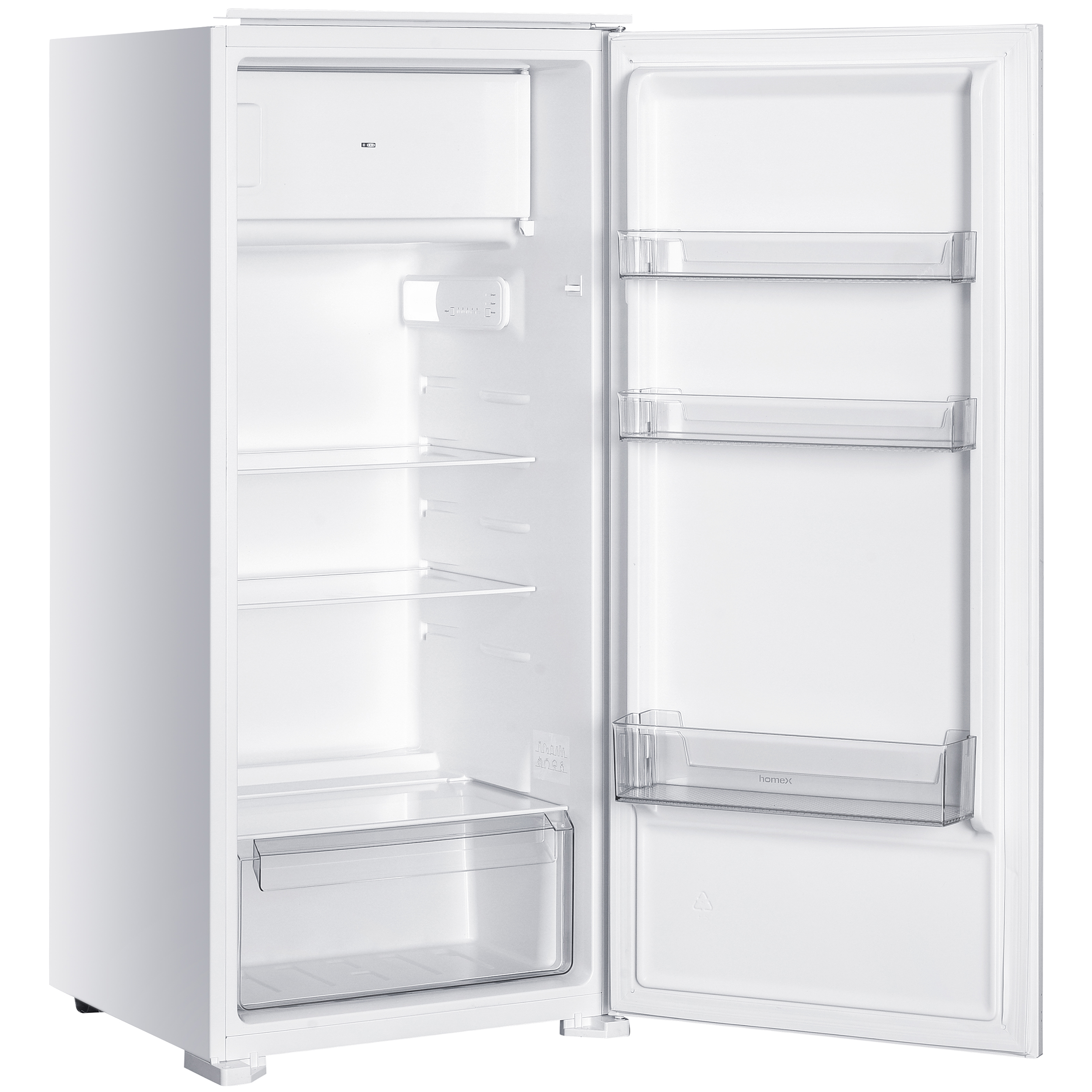 Offener weißer Kühlschrank mit leeren Regalen, einem Gefrierfach und Türfächern vor weißem Hintergrund.