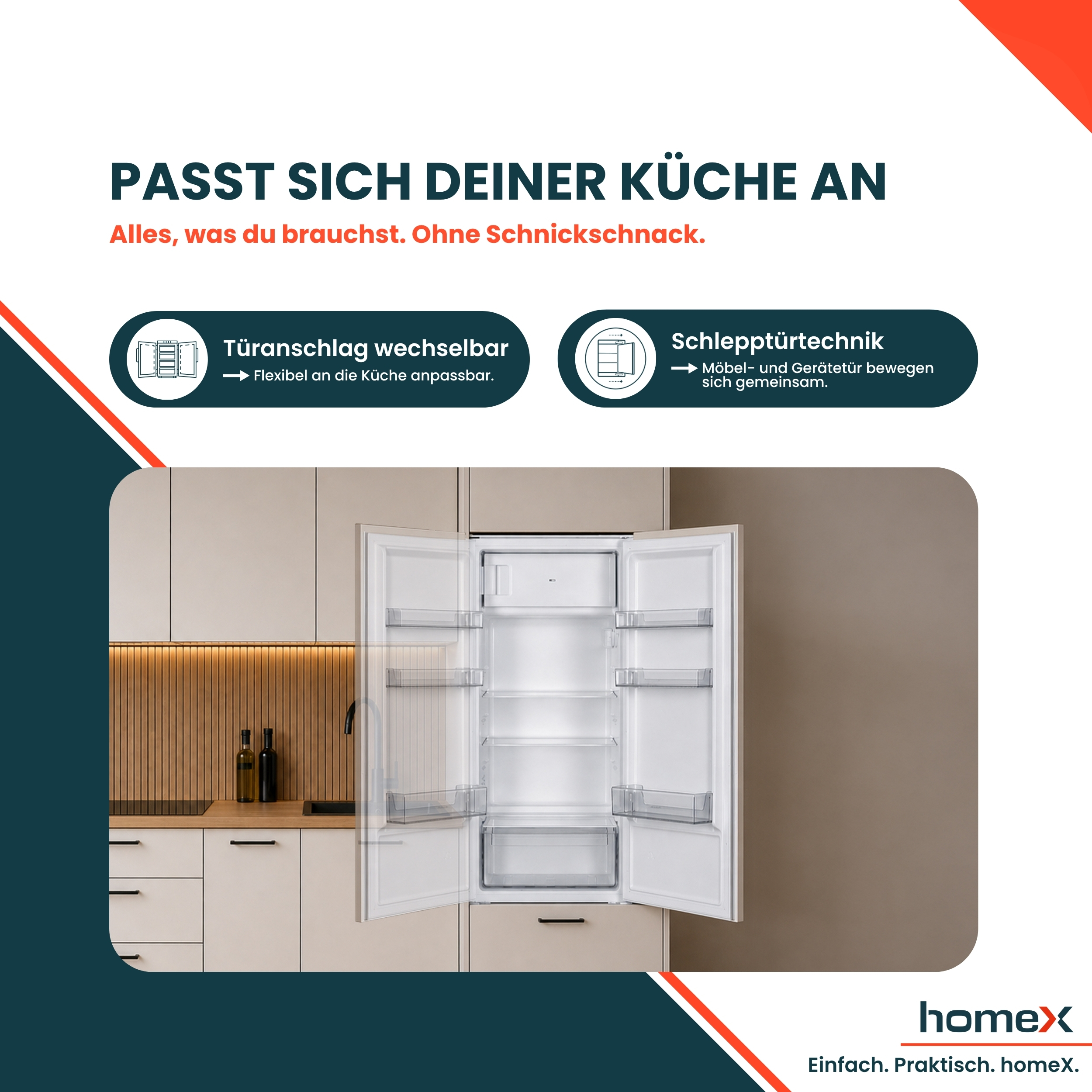 Ein eingebauter Kühlschrank in einer modernen Küche mit Textfeldern über Funktionen wie wechselbaren Türanschlag.
