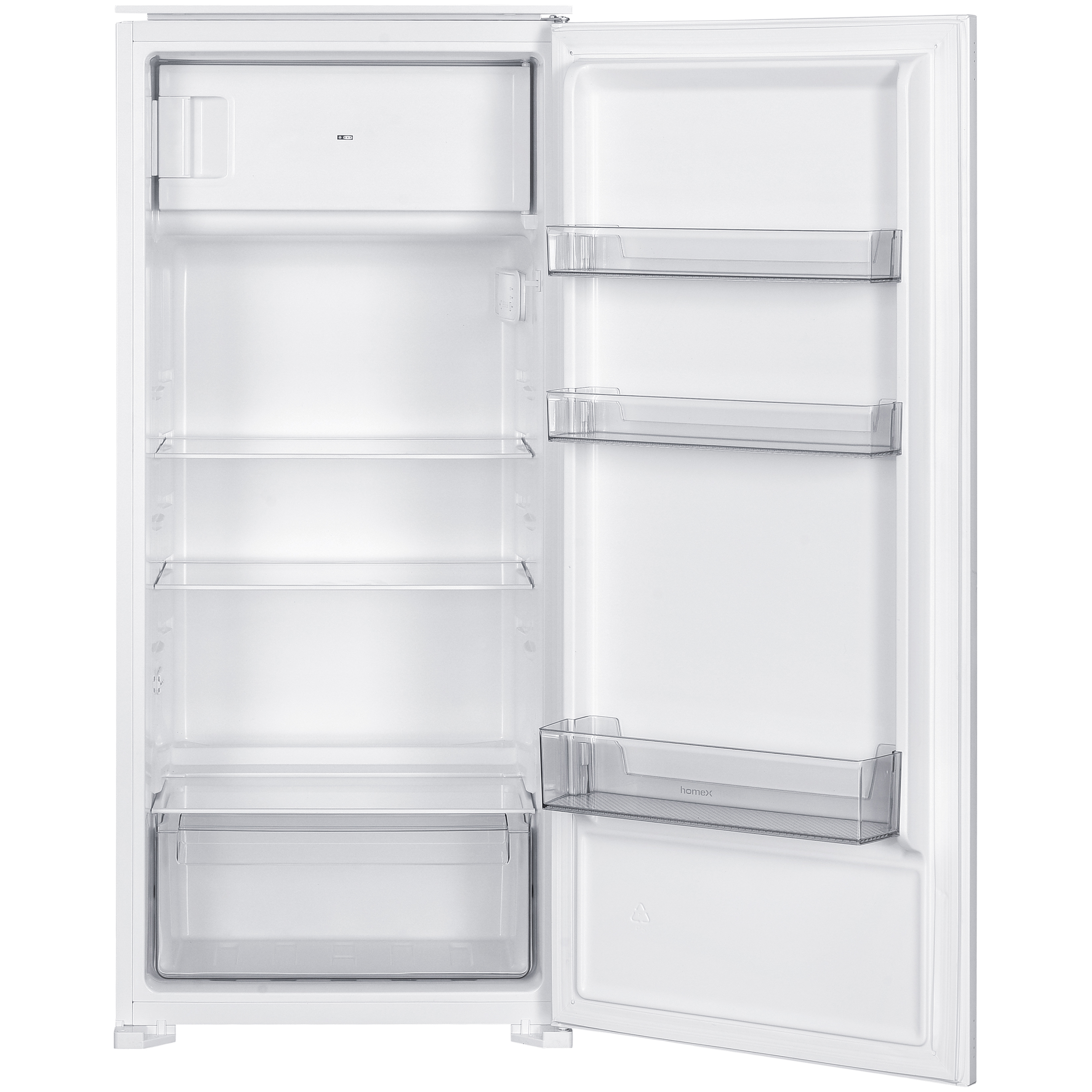 Ein offener weißer Kühlschrank mit leeren Glasböden und Türfächern.